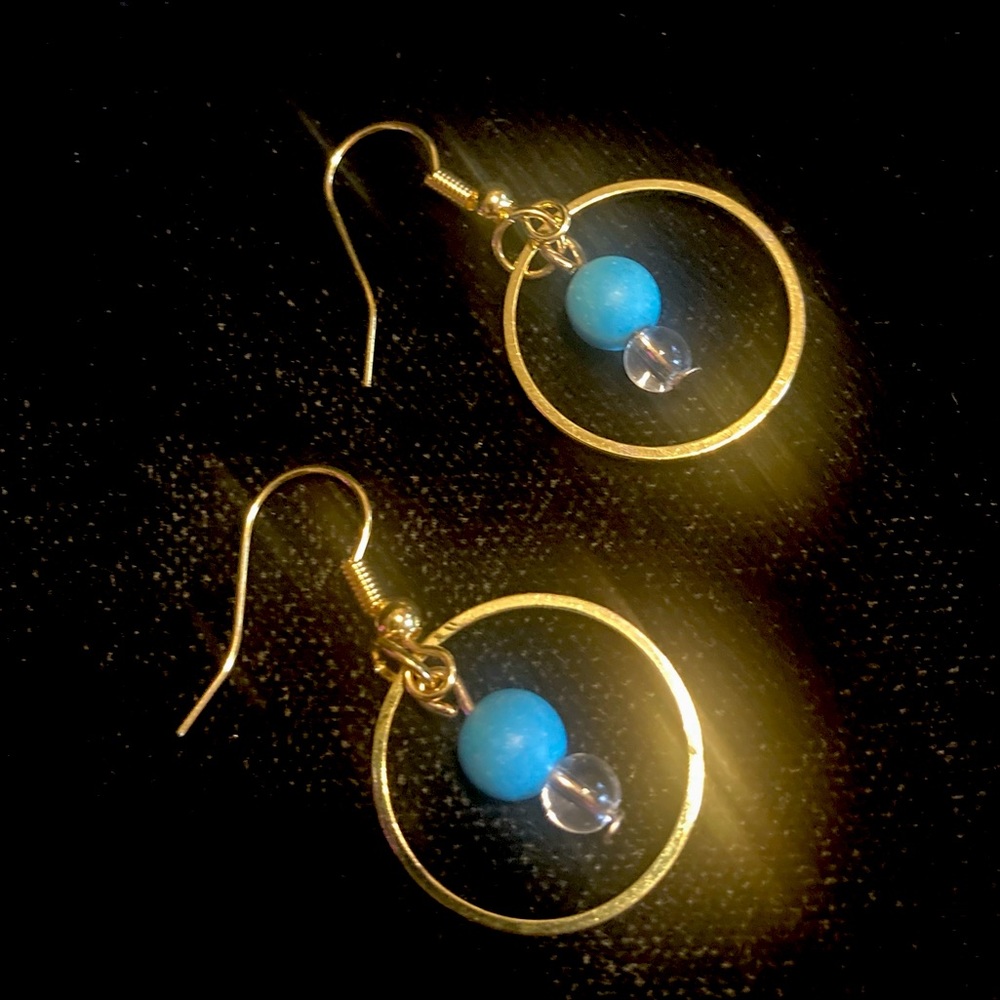 New Dangle Drop Turquoise(Upcycled) Bead Encircled in Golden Hoop Hook Earrings